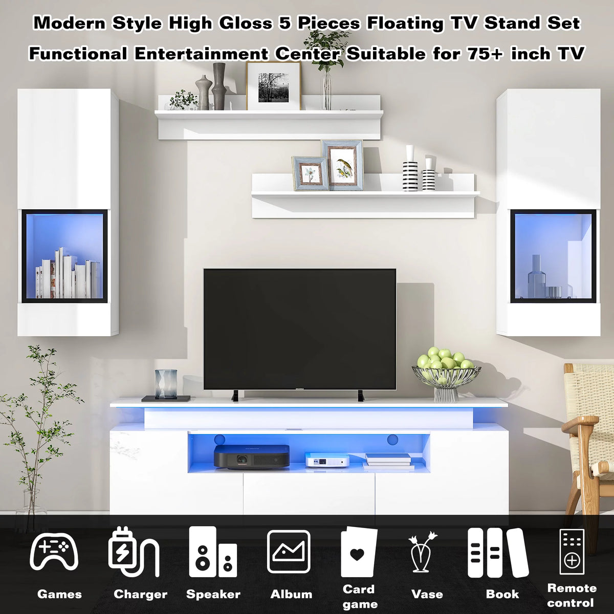 White High Gloss Wall Mounted TV Stand Set L496707