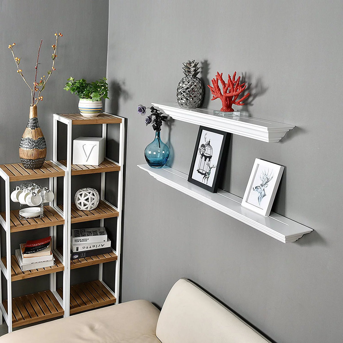 60'' Solid Pine Wood White Wall Floating Shelf J223634
