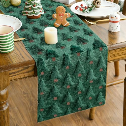 Christmas Table Runner Green Soft Plush Faux Fur Jacquard 13x72 Inch P613