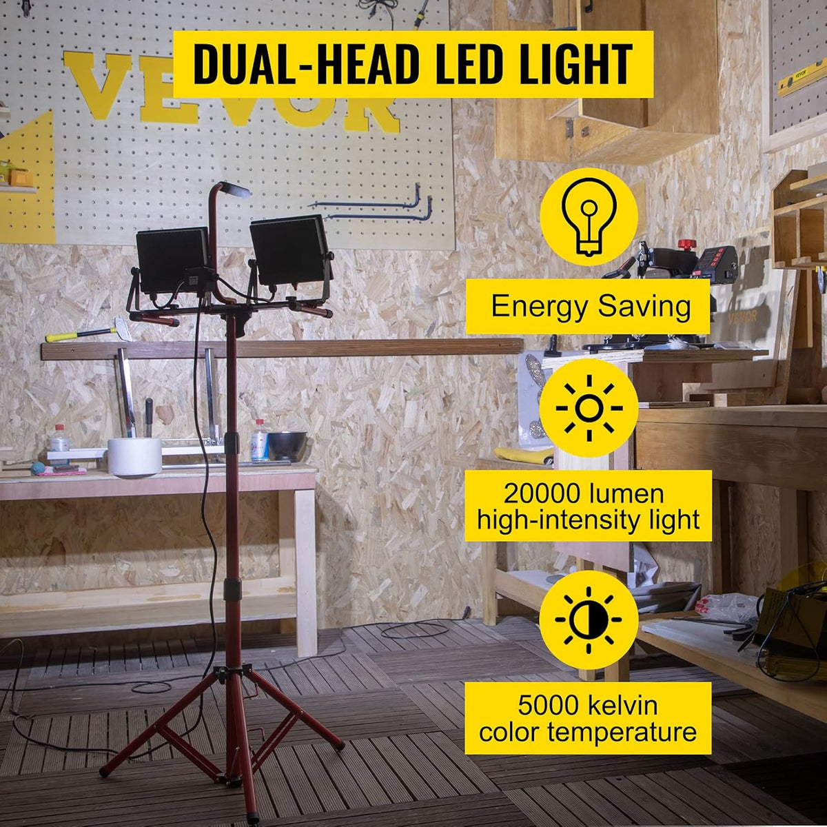 LED Work Light with Stand, 20000 Lumen Dual-head, IP65 Waterproofed, 5000 Kelvin E8852
