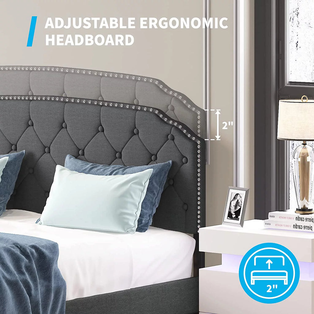 Queen Size Platform Bed Frame with Diamond Button Tufted Upholstered Headboard, Dark Grey D302109