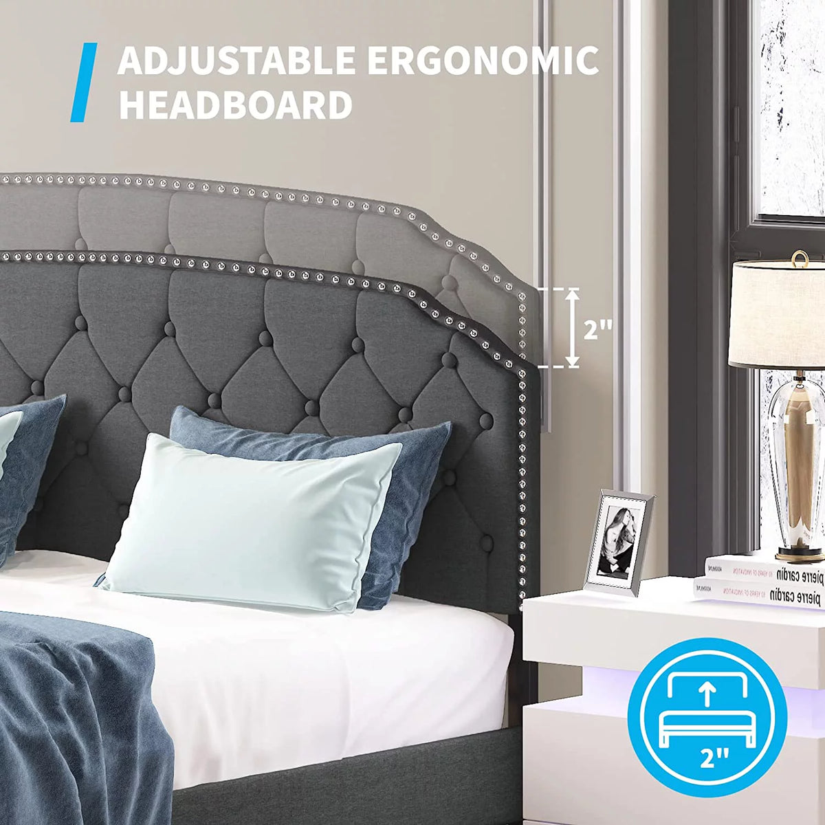 Queen Size Platform Bed Frame with Diamond Button Tufted Upholstered Headboard, Dark Grey D302109