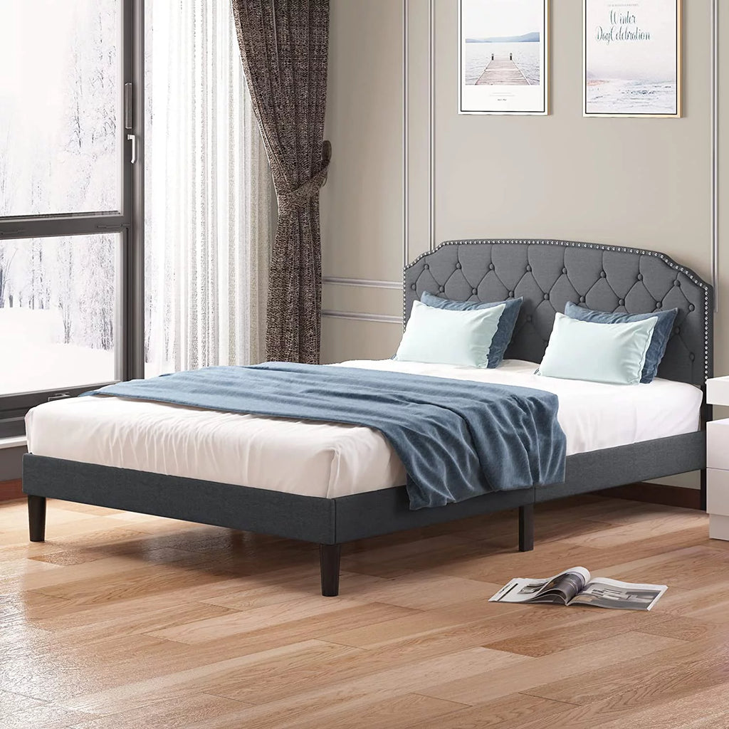 Queen Size Platform Bed Frame with Diamond Button Tufted Upholstered Headboard, Dark Grey D302109