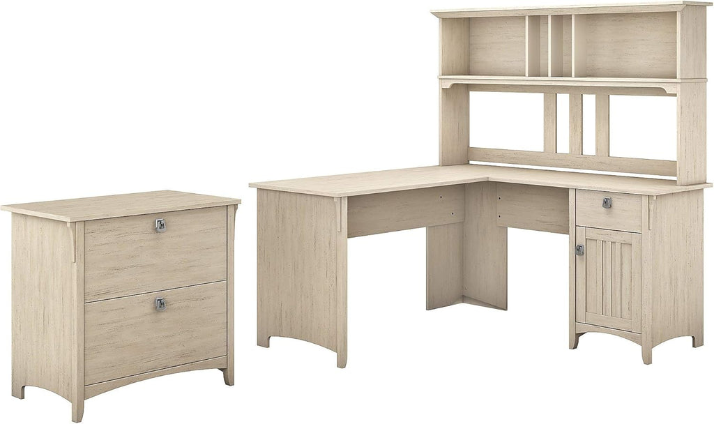 Antique White L Shaped Desk with Hutch and Lateral File Cabinet O2927