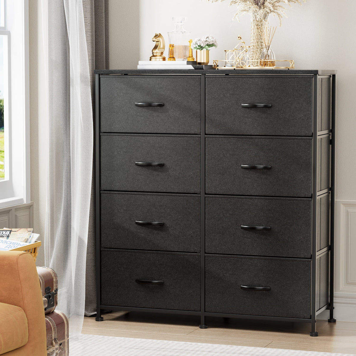 Black 5 Drawer Fabric Dresser with Wood Top H550