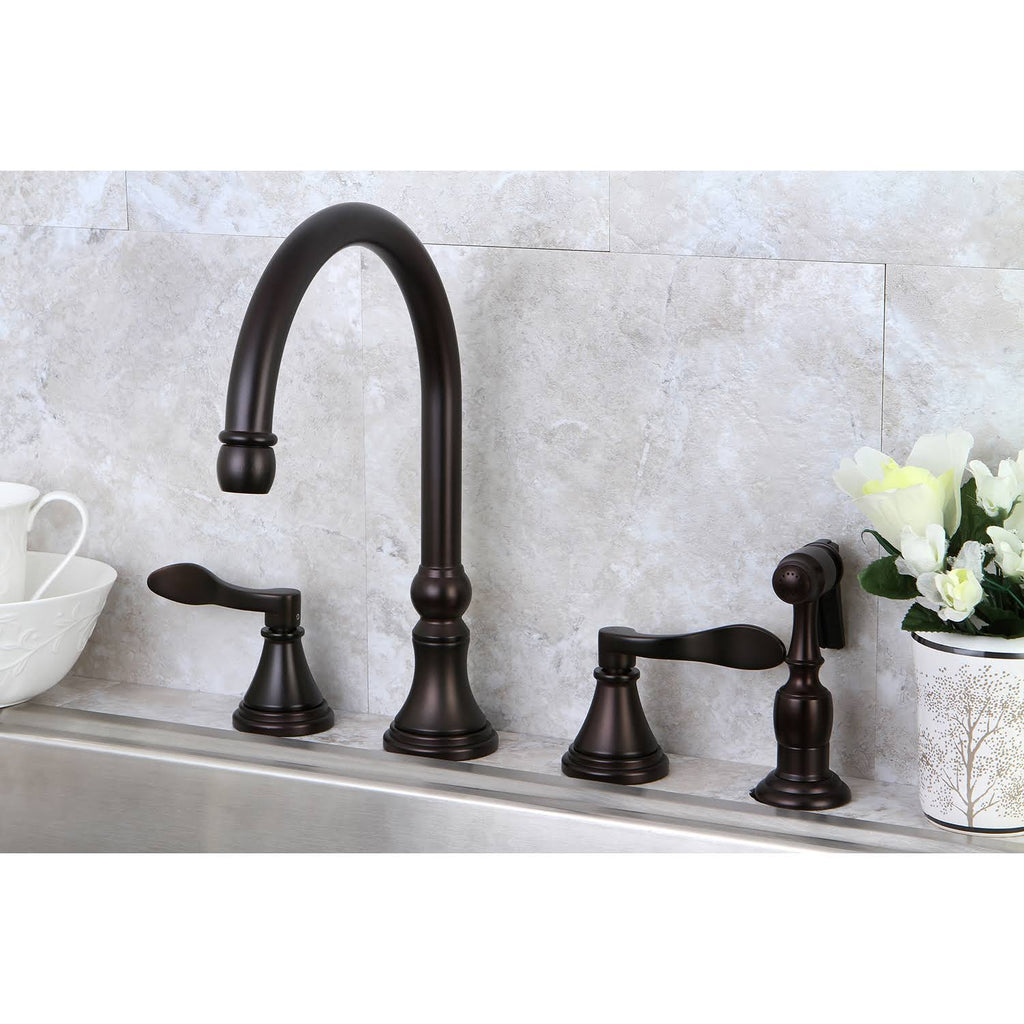 Oil Rubbed Bronze Double Handle Deck Mount Kitchen Faucet with Brass Sprayer O898530
