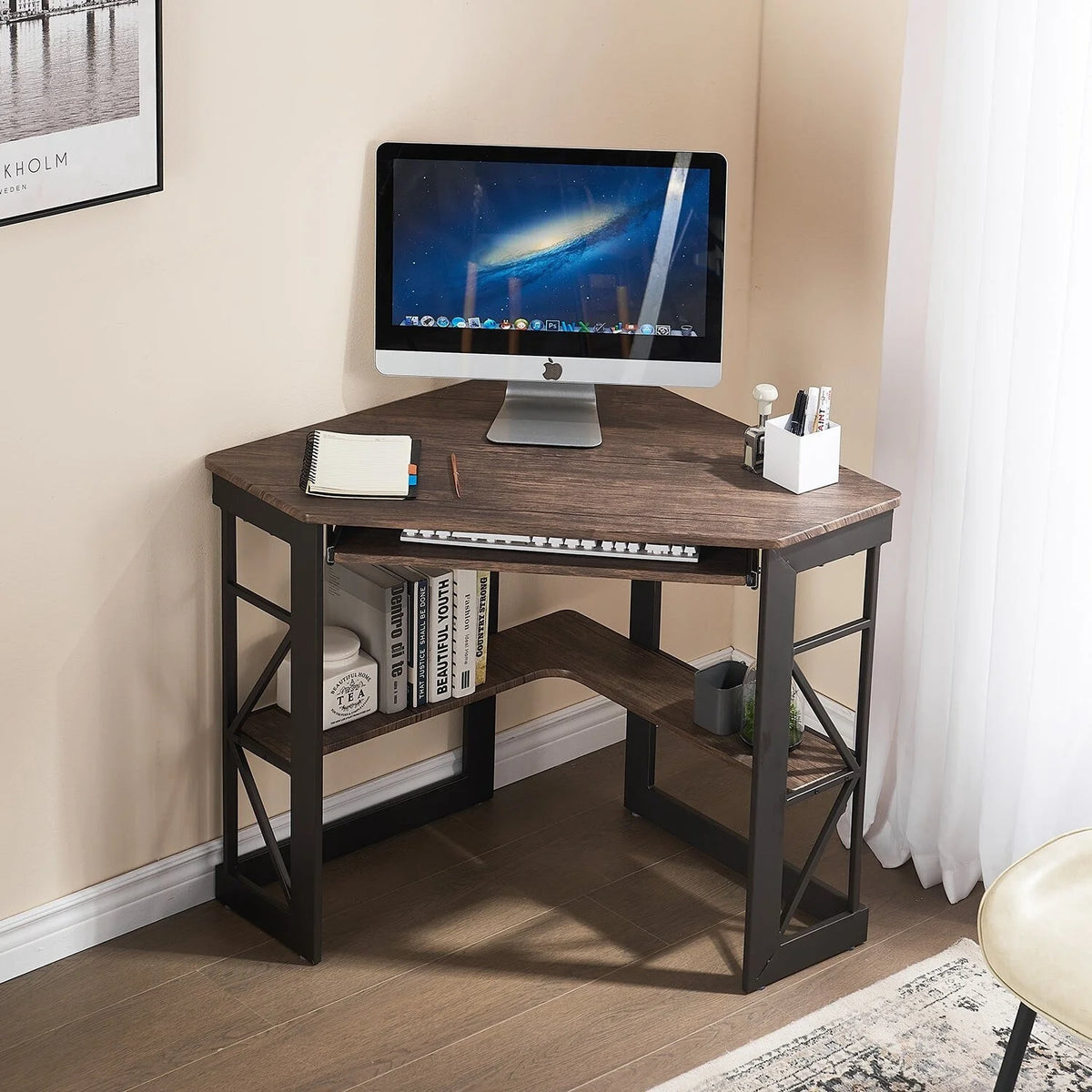 Corner Computer Desk with Keyboard Tray Dark Brown H9435