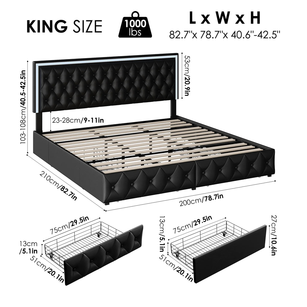 Queen LED Platform Bed Frame with 4 Storage Drawers V5747