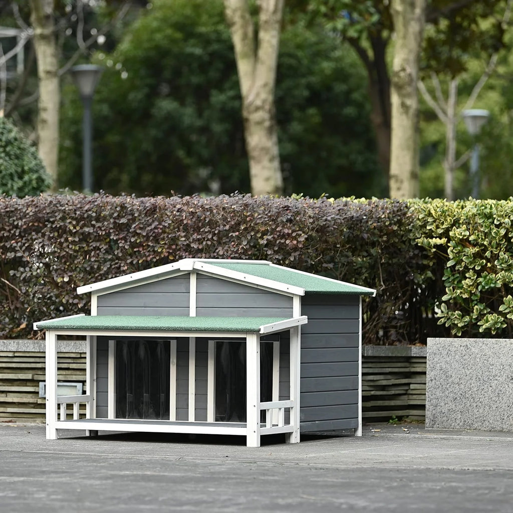 Gray Green Wooden Dog House with Porch 2 Doors I34092