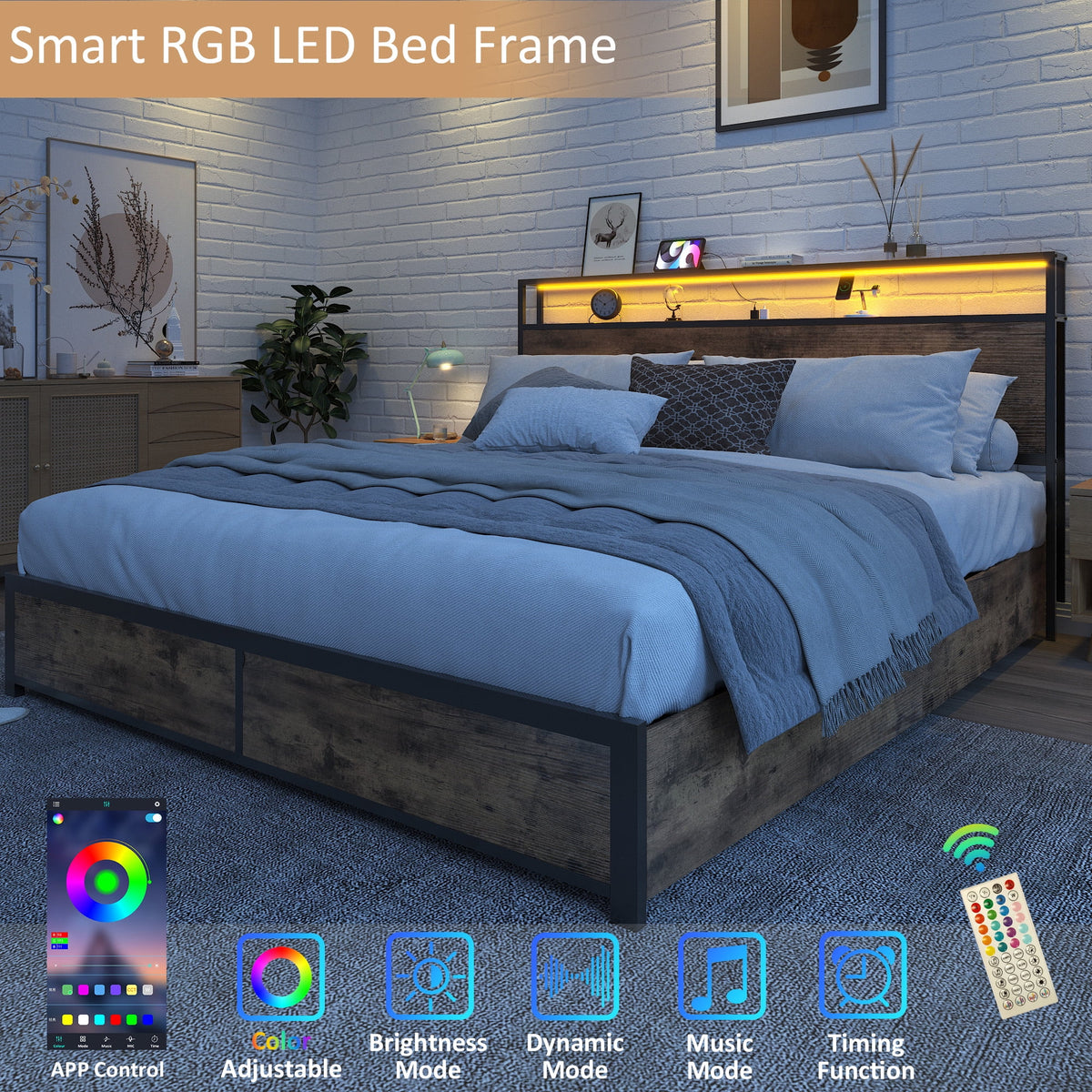 Queen Bed Frame with Headboard and Charging Station O162017