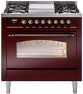 36 Dual Fuel Natural Gas Range in Burgundy with Bronze Trim R169637