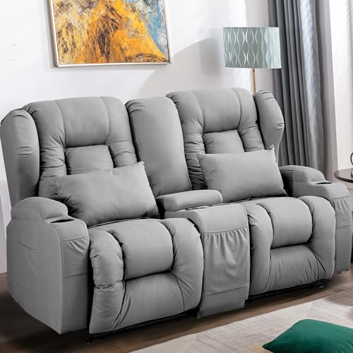 Beige Manual Reclining Loveseat Sofa with Console and Cup Holders T280852