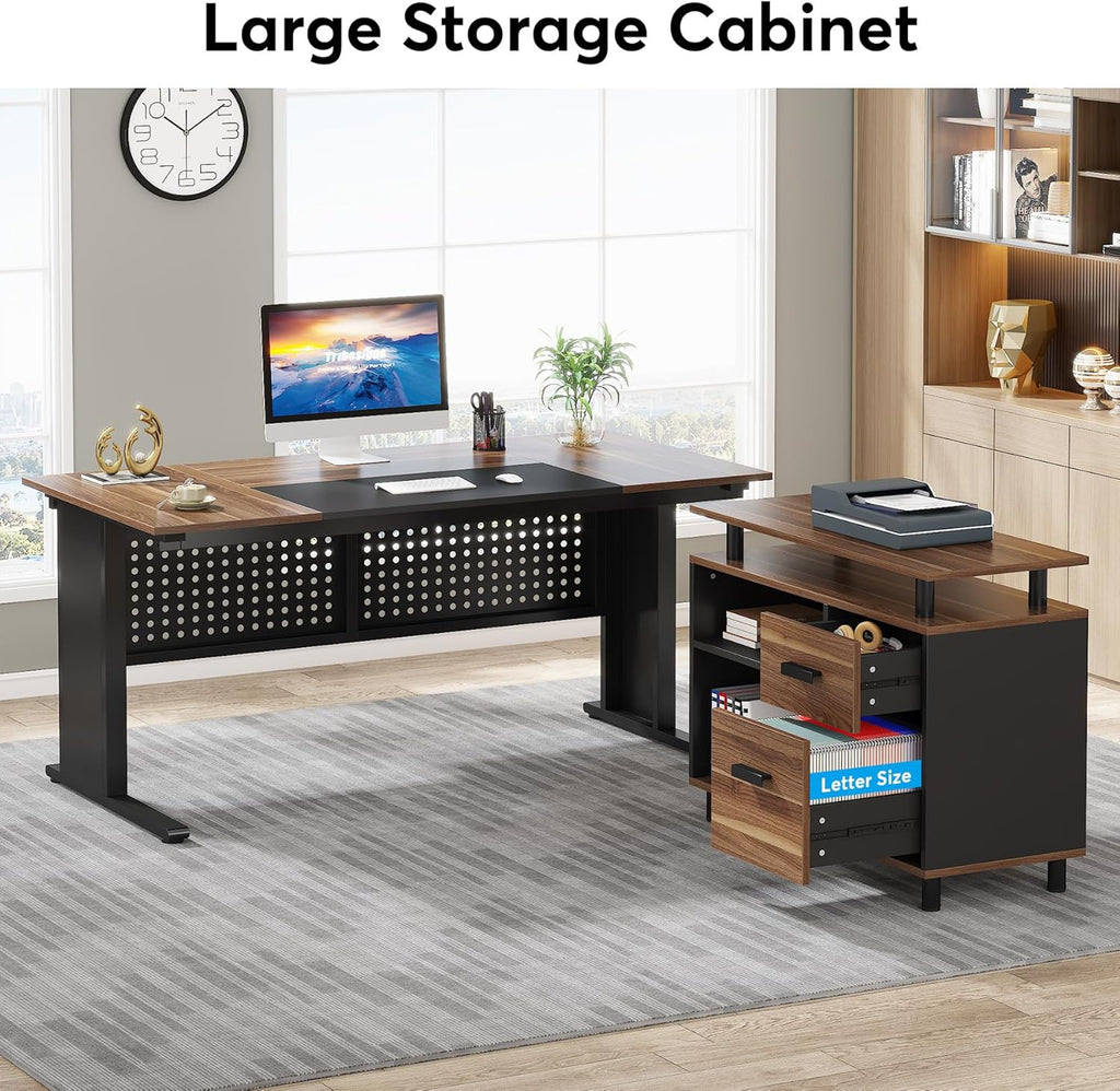 Brown and Black 63 Inch L Shaped Computer Desk with File Cabinet P831055