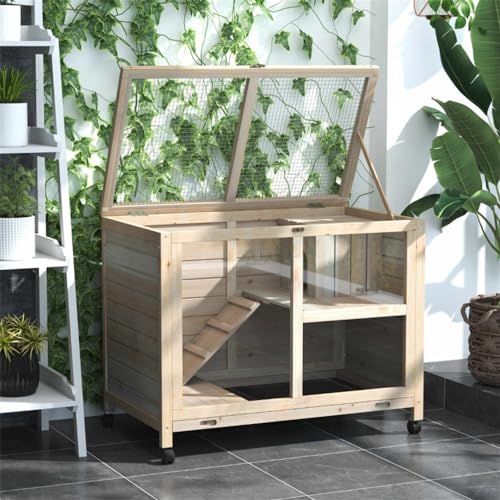 Blue & White Wooden Rabbit Hutch with Tray and Wheels U1678