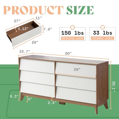 White & Yellow Walnut 6 Drawer Wood Dresser Y1502