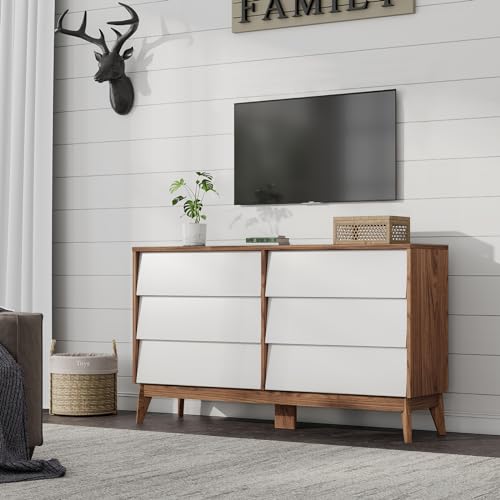 White & Yellow Walnut 6 Drawer Wood Dresser Y1502
