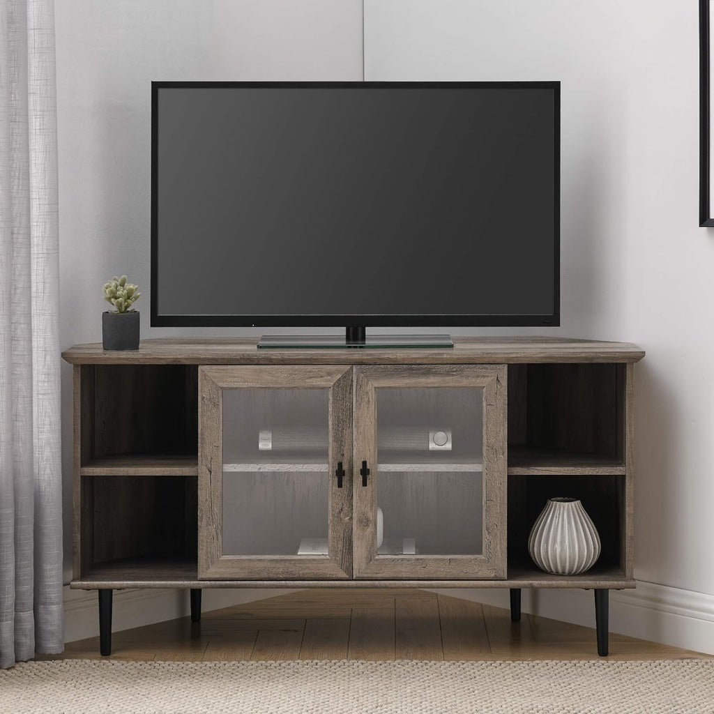 Slate Grey 58 Inch Wood and Glass TV Stand with 2 Cabinet Doors Y162