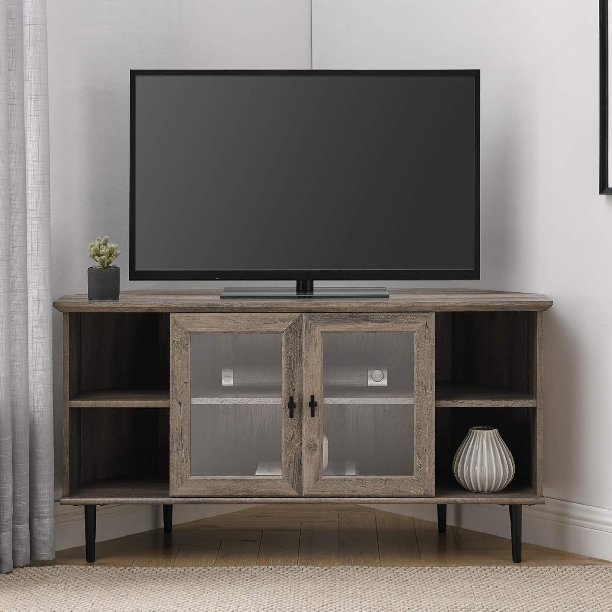 Slate Grey 58 Inch Wood and Glass TV Stand with 2 Cabinet Doors Y162