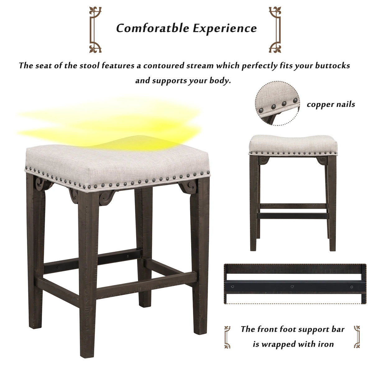 3-Piece Solid Wood Counter Height Dining Set with 2 Saddle Stools V24506