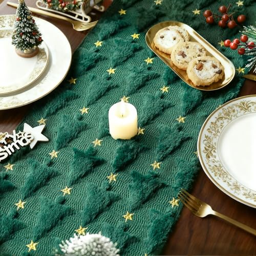 Christmas Table Runner Green Soft Plush Faux Fur Jacquard 13x72 Inch P613