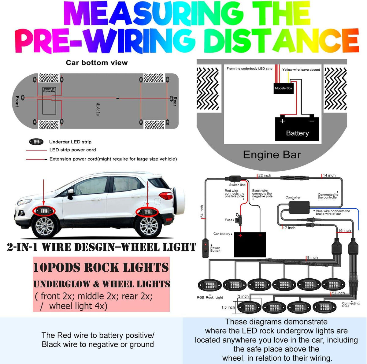 10-pods Trucks LED RGB Neon Underglow Rock Lights Kit, Dual-Zone, 160LEDs, 2-in-1 Line, Waterproof 12V, Pack of 2 E1590