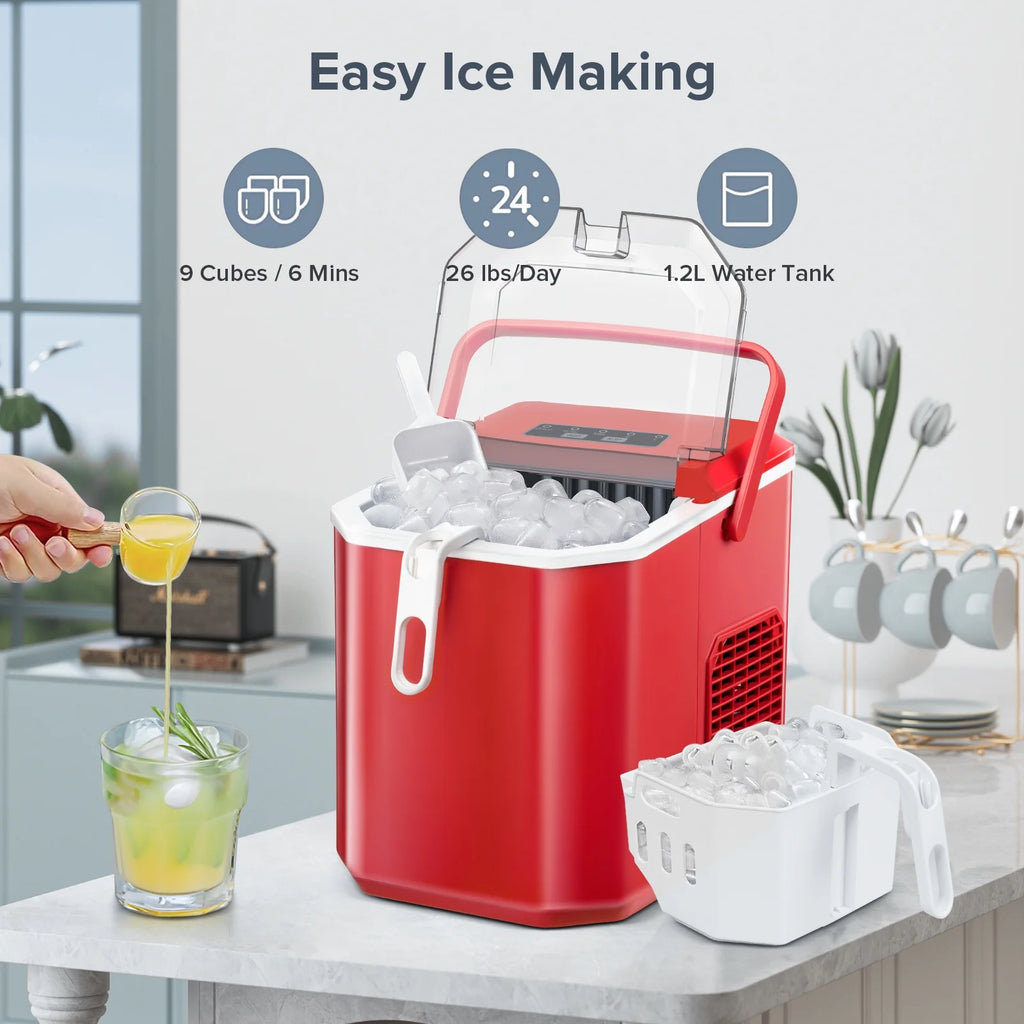 Countertop Portable Ice Maker Machine with Handle and Ice Scoop, Red Z549