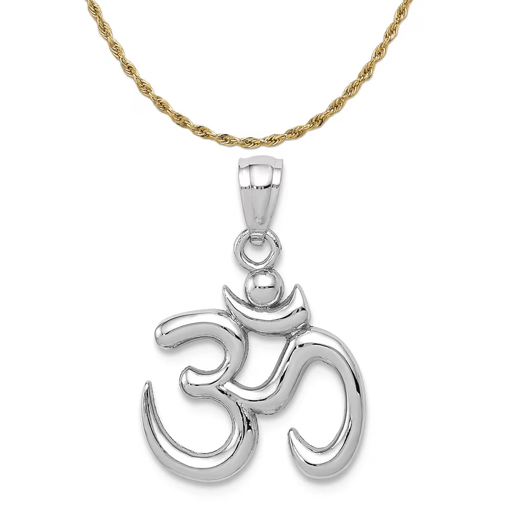 14K White Gold Om Symbol Pendant With 14K Yellow Gold Rope Chain 16" X25313
