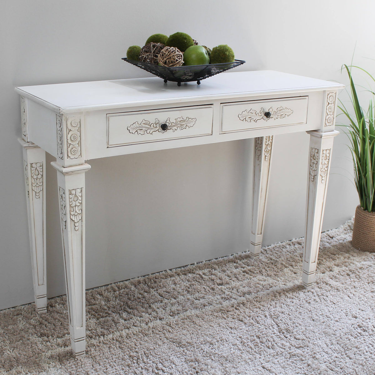 Antique White Two Drawer Rectangular Console Table D9178