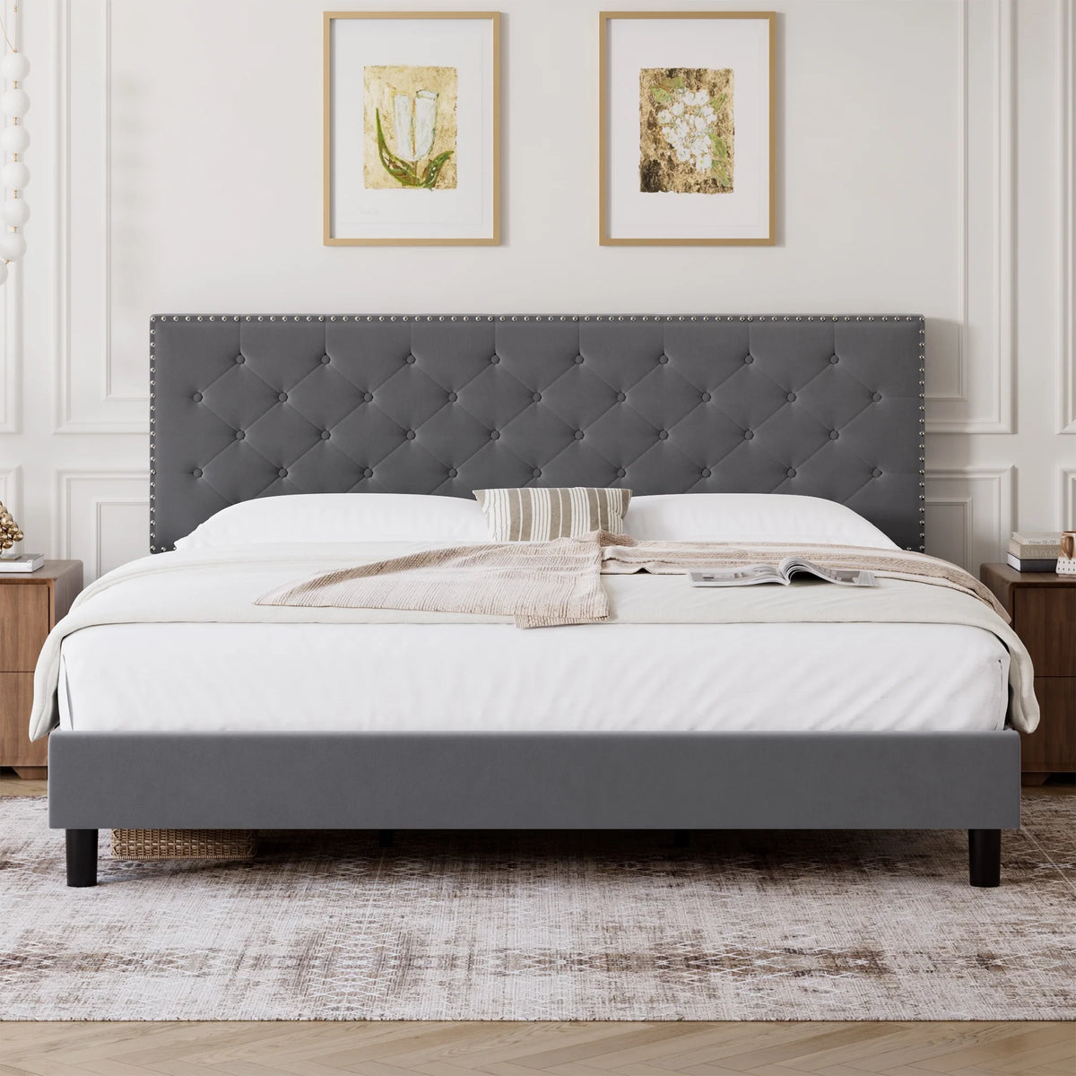 King Size Upholstered Platform Bed with Adjustable Headboard W731