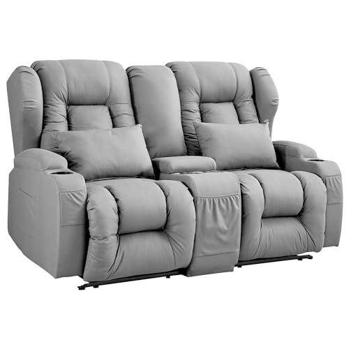 Beige Manual Reclining Loveseat Sofa with Console and Cup Holders T280852