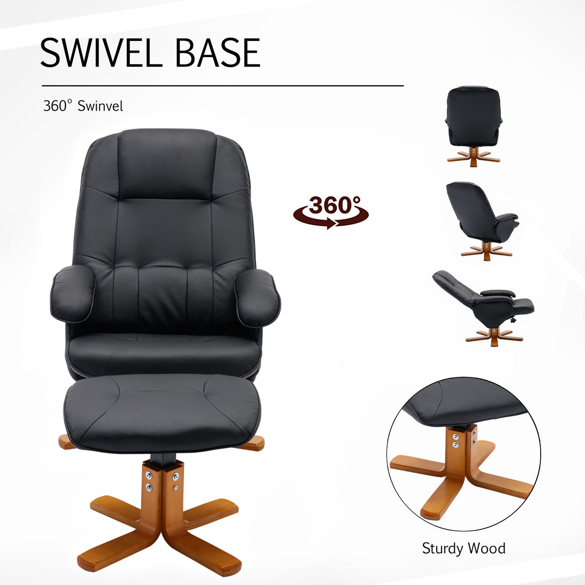 Beige Faux Leather Swivel Recliner Chair with Ottoman and Wood Base Z30321