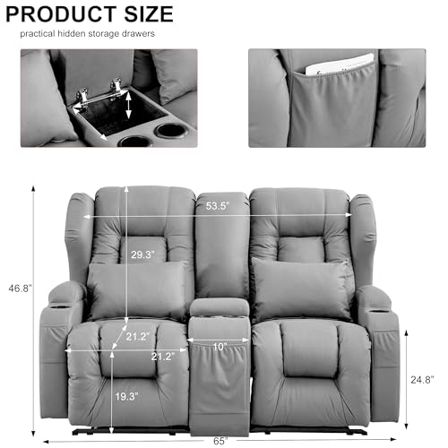 Beige Manual Reclining Loveseat Sofa with Console and Cup Holders T280852