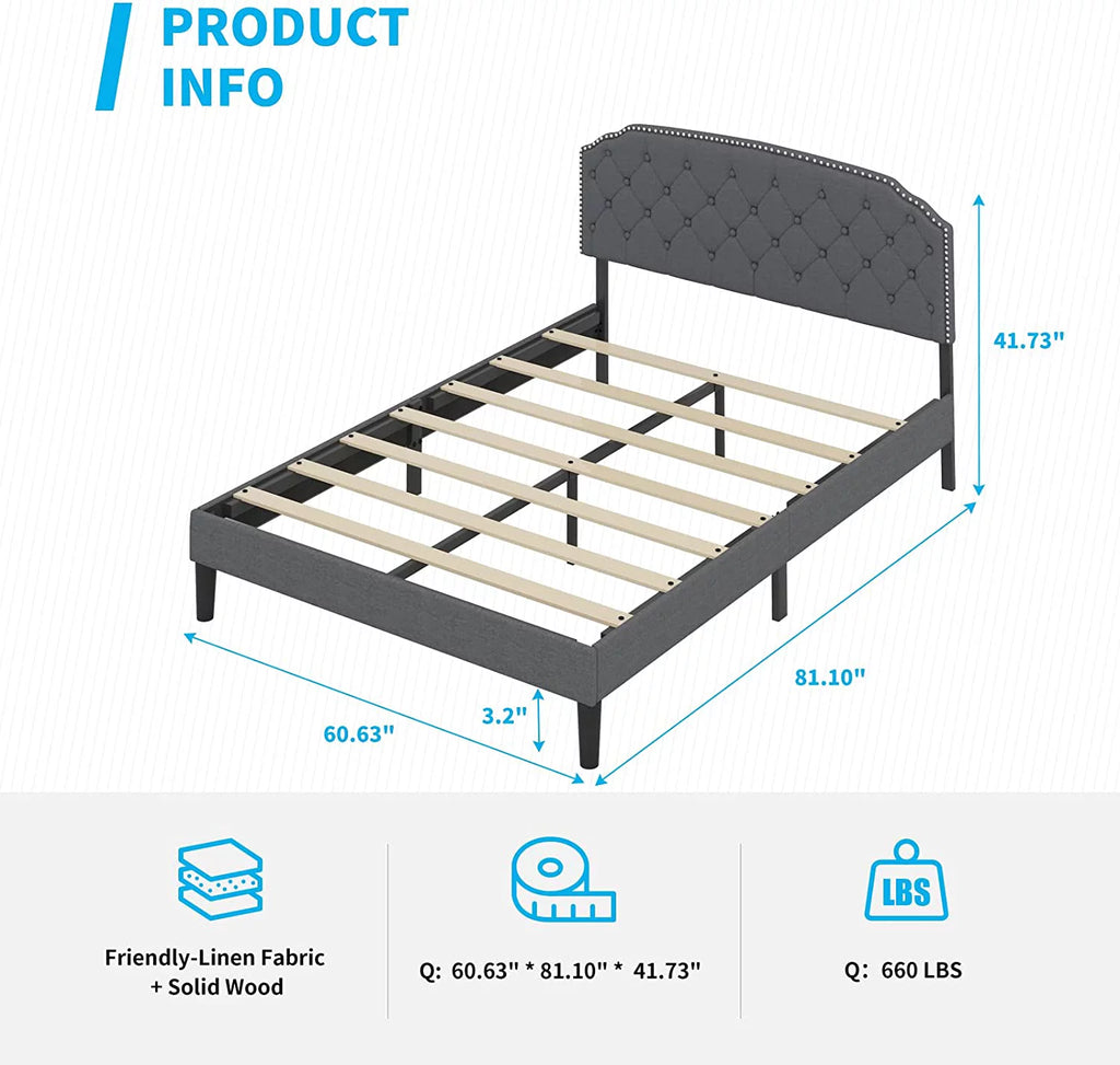 Queen Size Platform Bed Frame with Diamond Button Tufted Upholstered Headboard, Dark Grey D302109