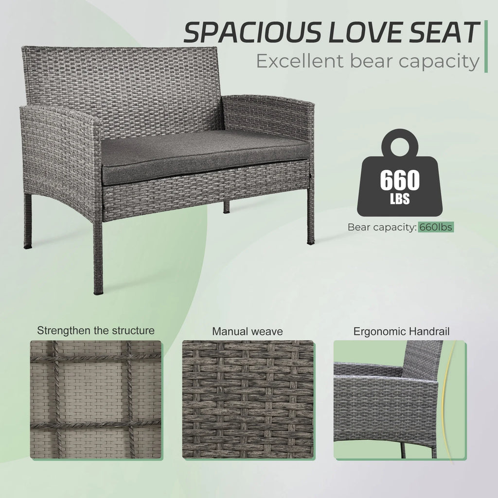 4 Piece Wicker Patio Conversation Furniture Set with Glass-Top Coffee Table & Gray Cushions L518
