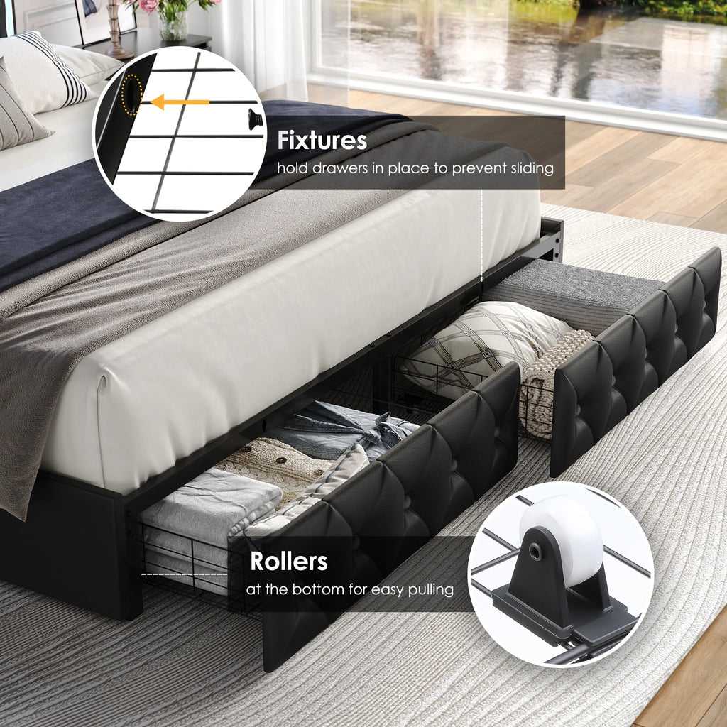 Queen LED Platform Bed Frame with 4 Storage Drawers V5747