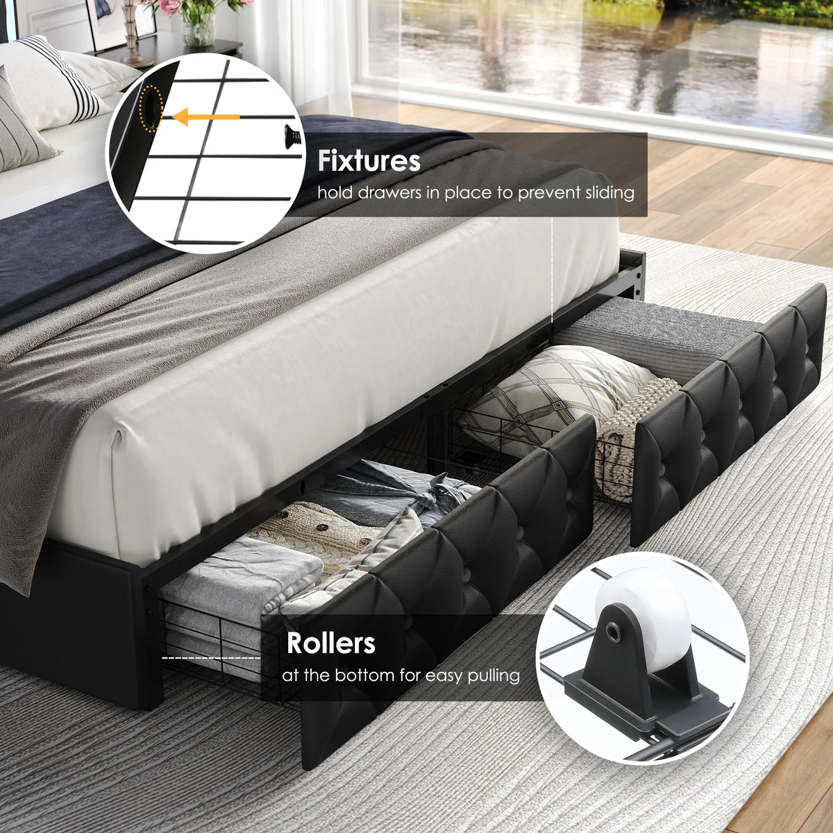 Queen LED Platform Bed Frame with 4 Storage Drawers V5747