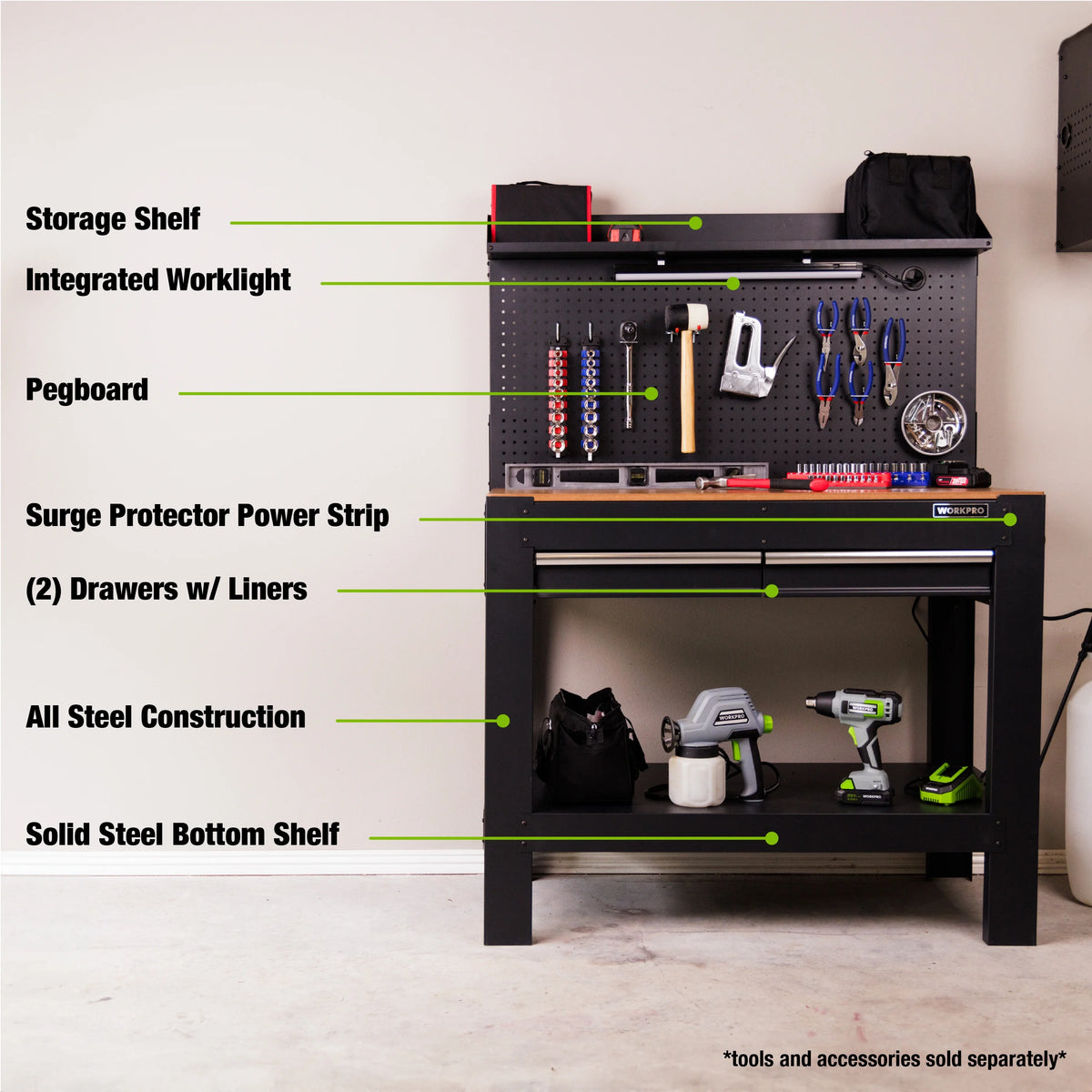45-in Steel Multipurpose Workbench with LED Light & Power Strip X1673