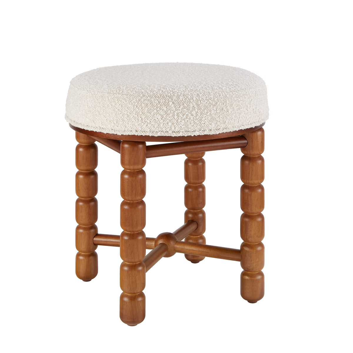 White Upholstered Boucle Vanity Stool with Wood Legs G336