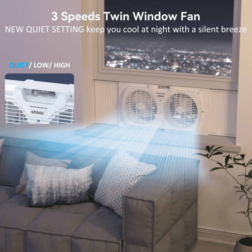 9 3-Speed Twin Window Fan with Bug Screen, White Q232