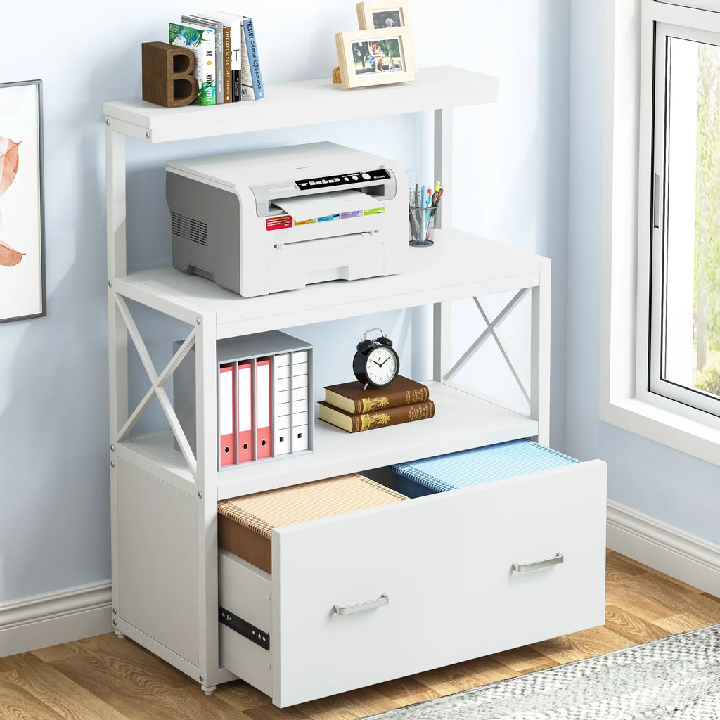 White Modern File Cabinet with Drawer and 2 Shelves B39927