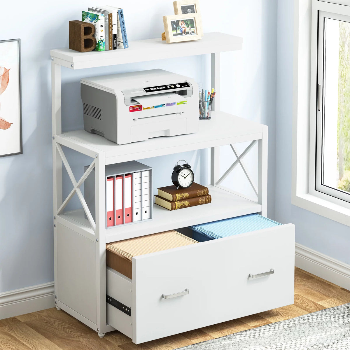 White Modern File Cabinet with Drawer and 2 Shelves B39927