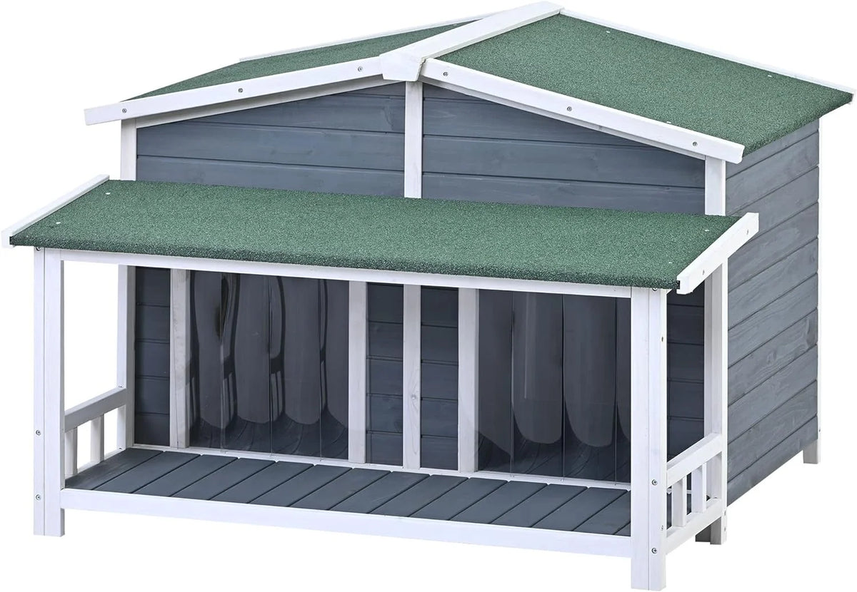 Gray Green Wooden Dog House with Porch 2 Doors I34092