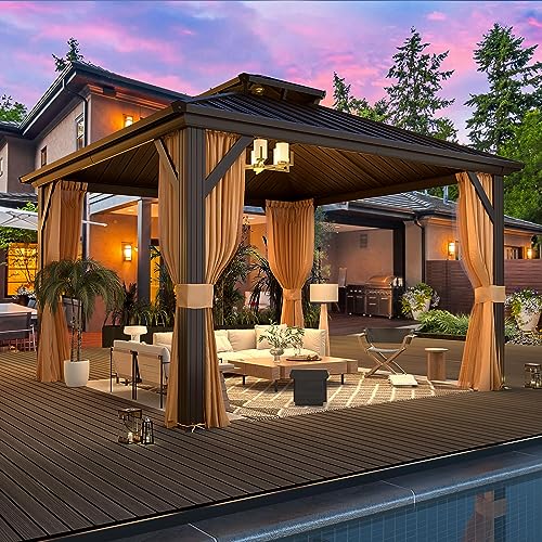 10'x13' Hardtop Gazebo with Polycarbonate Double Roof, Aluminum Frame with Curtains and Netting W455