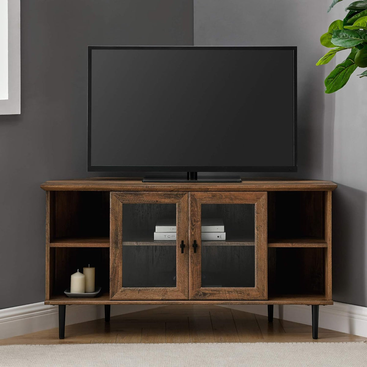 Slate Grey 58 Inch Wood and Glass TV Stand with 2 Cabinet Doors Y162