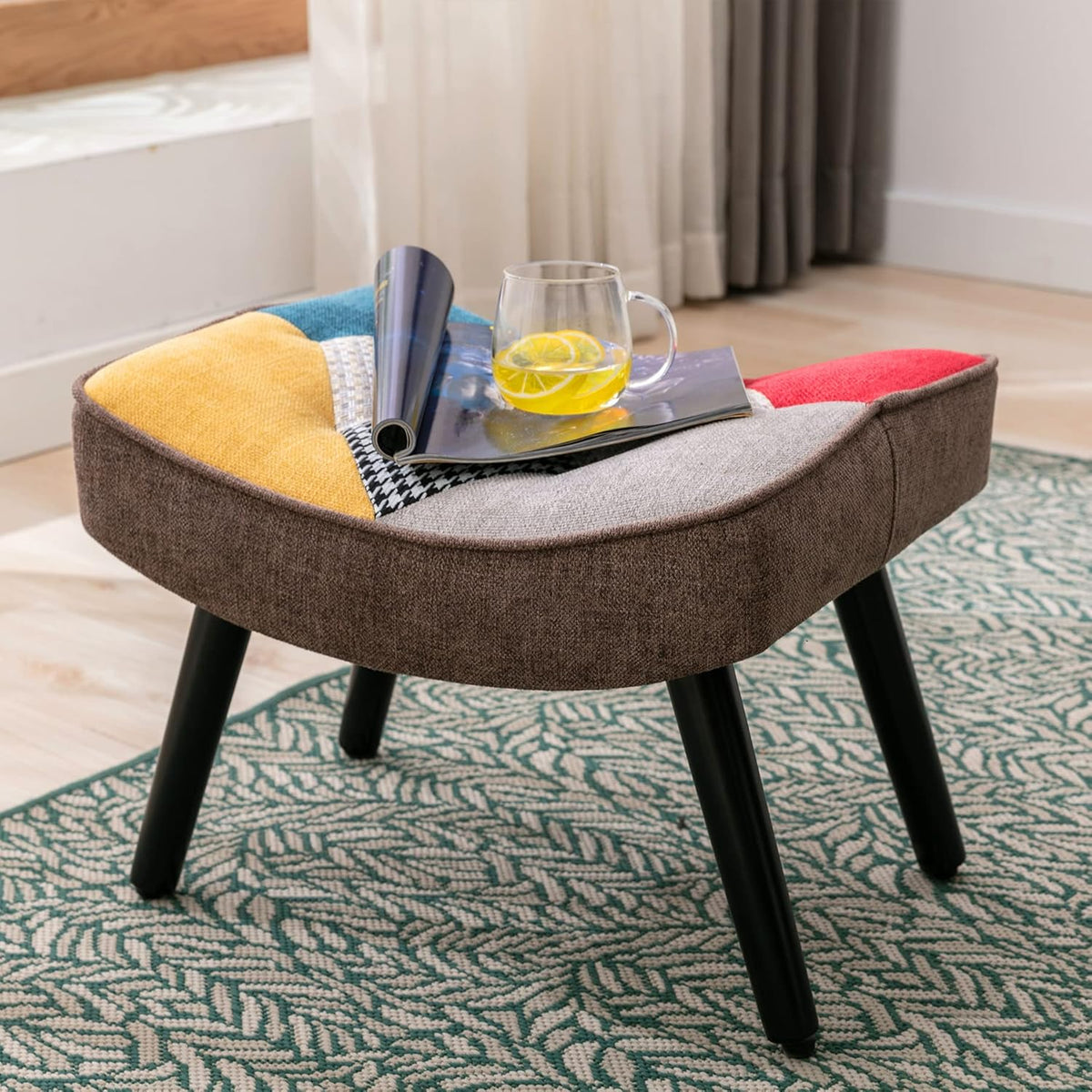 Patchwork Accent Chair with Ottoman, Wooden Legs C5663