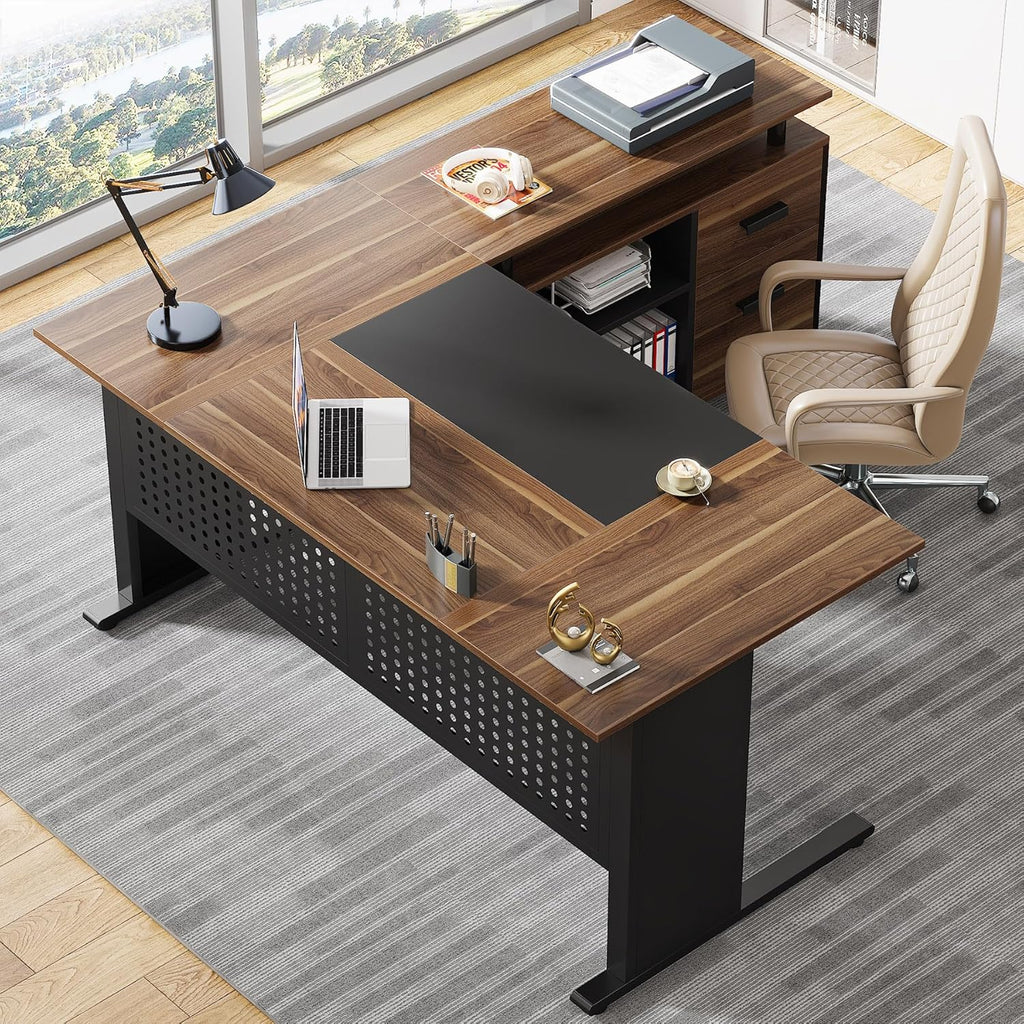 Brown and Black 63 Inch L Shaped Computer Desk with File Cabinet P831055