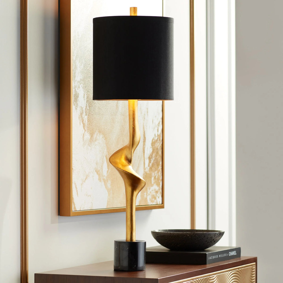 32" Tall Modern End Table Lamps Set of 2 Gold Leaf Black Shade Z658452