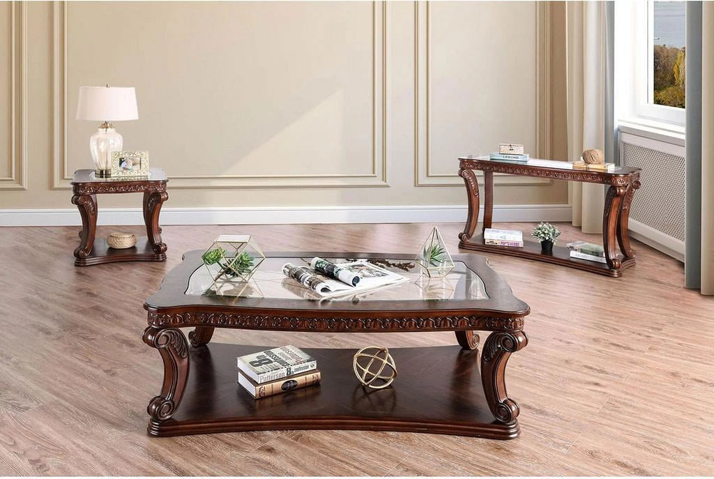 Dark Oak Tempered Glass Top Coffee Table Set 3pcs T560