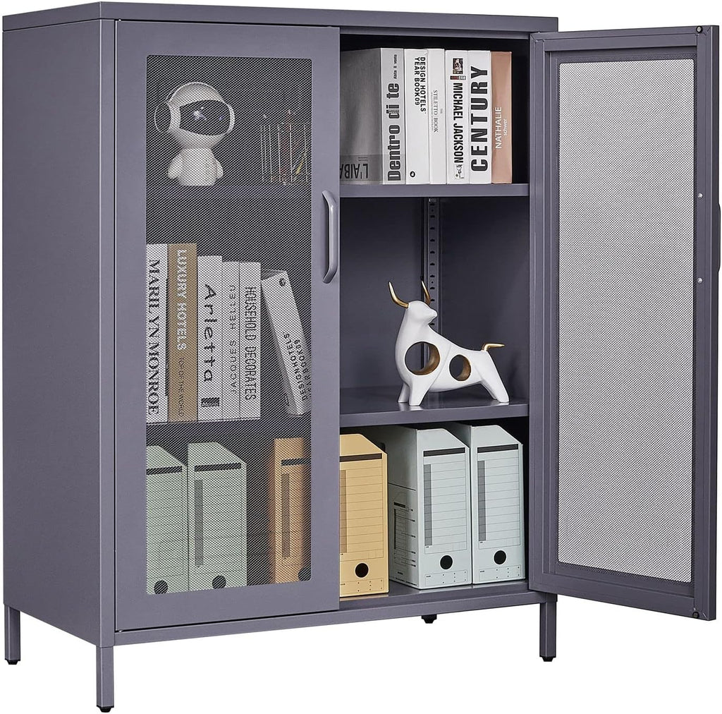 Black Metal Storage Cabinet with 2 Adjustable Shelves and Lock E7813
