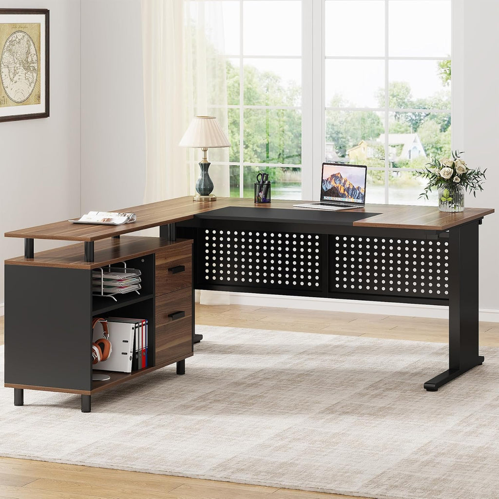 Brown and Black 63 Inch L Shaped Computer Desk with File Cabinet P831055